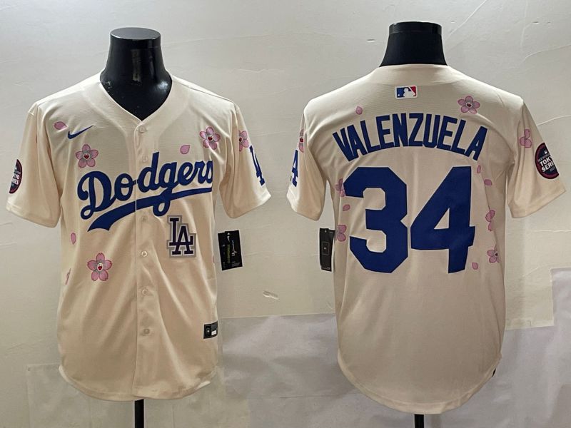 Men Los Angeles Dodgers #34 Valenzuela Cream White Blue Sakura Edition 2025 Nike MLB Jersey style 6->los angeles dodgers->MLB Jersey